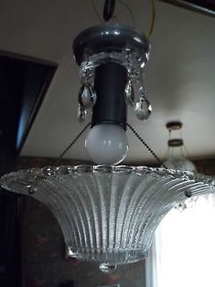 1940s Era Single Bulb Ceiling Light Fixture W/ Crystals, Ready 2 Use 