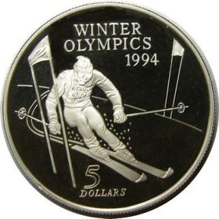 elf New Zealand 5 Dollar 1994 Silver Proof Olympic Games Skiing