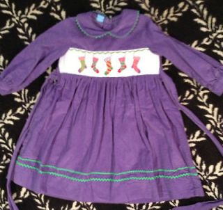 Girls Anavini Sz 2 Smocked Christmas Dress Purple Cord with Stocking 