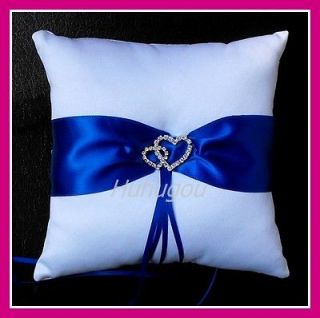 White & Blue Satin Ring Cushion With DIAMANTE HEART / Ring Pillow