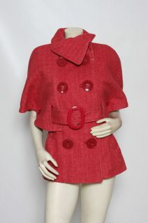 Soia & Kyo Raspberry Red Pink Wool CHEVRON Cape Pea Coat Jacket Sz L 