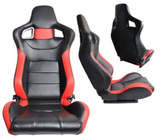 NEW 2 BLACK & RED PVC LEATHER RACING SEATS RECLINABLE W/ SLIDER ALL 