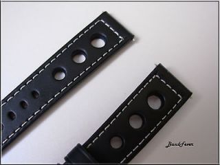 20mm black leather racing 3 big hole watch band strap