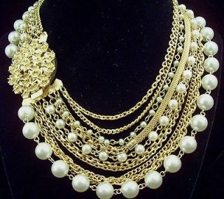   Gold Tone Chains Pearls Mesh Choker/Necklace~Flower Cluster Clasp