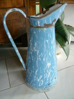 Antique french SHABBY Enamelware Body Pitcher in BLUE SWIRL