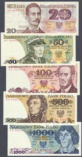 Poland   set of 5 notes 20 50 100 500 & 1000 zlotych 1982 1988   all 
