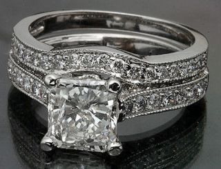 37 cw Certified Princess Cut Diamond Bridal Set Engagement Ring 14K 