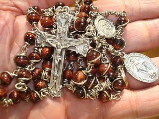 STUNNING PEWTER RED TIGER EYE St. THERESE WIRE WRAPPED ROSARY 