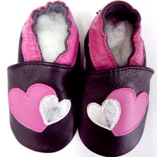 BABY Crib Flat Sole Soft Leather Shoes Peach/Silver Twin Hearts 10.5cm 
