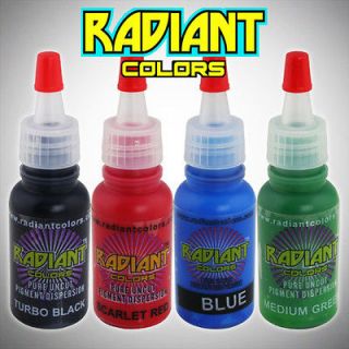 New 4 Radiant Color Tattoo Ink Set 1/2ounce 0.5oz Black Outlining Red 