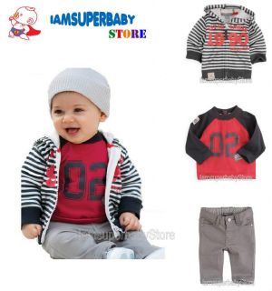 9M Age 4 Unique 3 PCS Baby Kid Boy Sporty Hoodie Set with Stripes Zip 