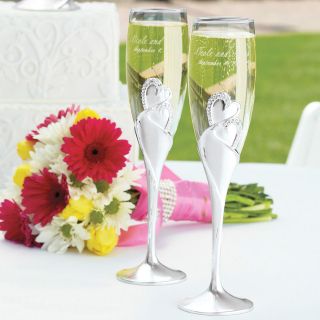 Sparkling Love Double Heart Wedding Champagne Toasting Flutes Pair