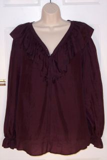 WINE COLORED SIZE LARGE 100% SILK BLOUSE. Long Sleeves Scoop Ruffle 