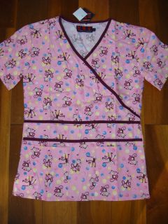   Print Pink Monkey Medical Scrub Top Uniform Burgundy Dbl Trim XS   3XL