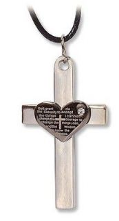   Cross w Heart Serenity Prayer Laser Engraved Pendant Necklace