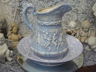 Robin egg blue & white antique vtg ceramic pitcher & bowl basin so 