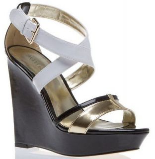 New Shoedazzle Womens Morgana Strappy Wedge Gold White Black Size 5.5 