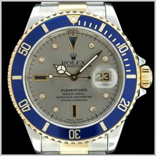 ROLEX MENS TWO TONE BLUE SUBMARINER DATE SLATE GREY DIAMOND DIAL