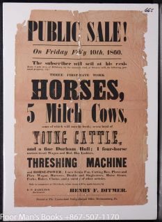 SALES BROADSIDE FOR COWS, CATTLE, HORSES AND A THRESHING MACHINE FEB 