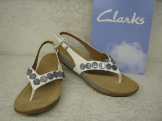 Clarks Rona Glitz White Leather Casual Toe Post Flat Slingback 