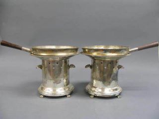 PAIR ANTIQUE SILVER PLATE OVER COPPER WARMERS with SAUTE PANS WOODEN 