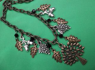 Necklace Tree of Life, Oak Leaves, Acorns, Grapes, Brass Chain, WICCA 