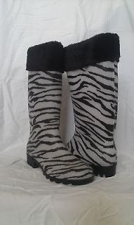 Black and White Zebra Print Rubber Rain Boots with Fur Trim Size 7