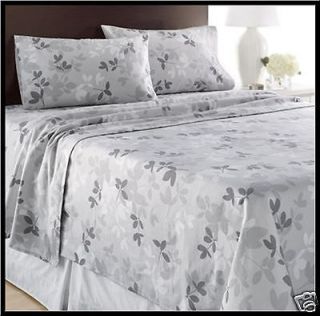 LEAF Heavy Cotton FLANNEL Sheet Set   Gray & White Leaves grey QUEEN 