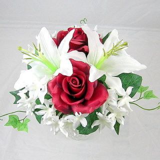 Artificial Polyester Silk Flower Wedding Red Rose Lily Bouquet