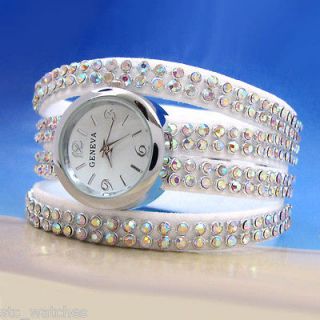 WHITE Crystal Multi Band Leather Geneva Wide Strap Studs Womens WATCH