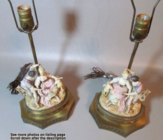 Pair Porcelain Figural Lamps Victorian Loving Couples Ornate Brass 