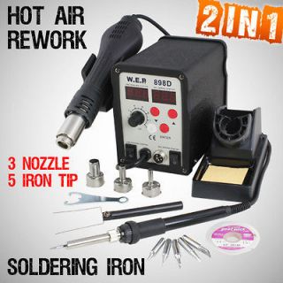   SMD Soldering Rework Station 3 Hot Air Nozzle 5 Iron Tips Stand Holder