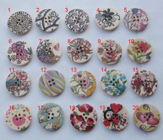 40pcs New Print Flower Wood Button Sewing Appliques Craft DIY Mix 30mm 