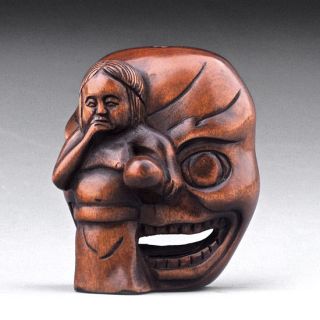 Japanese Carved Boxwood Wood Netsuke Carving Lady Foreigner Mask