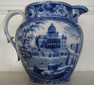   HISTORICAL BLUE PITCHER STAFFORDSHIRE CITY HALL NY/BOSTON STATE HOUSE