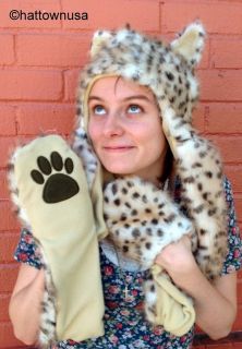 NEW Cheetah Cat Spirit Faux Fur Burning Man Hat Animal Hood with Paws 
