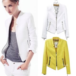 Womens New Texture Knit Slim Fit Zip Blazer Suit Jacket Black/white/ye 