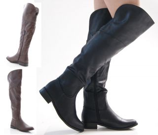 NEW LADIES WOMENS OVER THE KNEE THIGH HIGH FAUX LEATHER FLAT BOOTS 