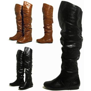NEW Womens Thigh Over The Knee High Wrinkle Slouch Flat Heel Boots 