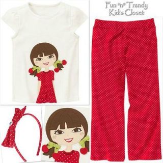 NWT GYMBOREE GIRLS SIZE 7 & 8 CHERRY CUTE PANTS SHIRT TOP HAIR OUTFIT 
