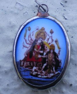 Hindu Deity Pendant Metal and Enamel KALI & DURGA w/ Blue Background