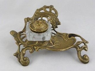 Antique Art Nouveau Victorian Brass and Glass Ink Well Inkwell