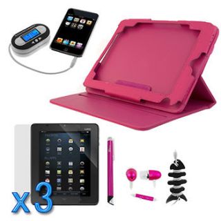   Hot Pink Rotating Leather Stand Case Headset For Vizio 8 inch Tablet