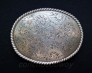 WESTERN ANTIQUE SILVER ENGRAVED ROPE EDGE OVAL BELT BUCKLE