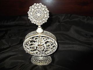Vintage Ornate Gold Filigree/White​wash Perfume Bottle With Dauber