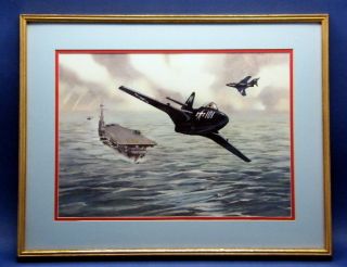 Wayne Davis Framed Watercolor Print WWII US Navy USS Midway Grumman 