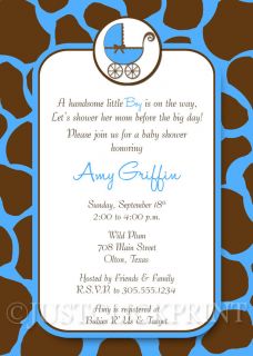 Blue Brown Giraffe Print Baby Shower Invitation Boys