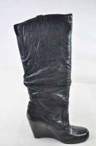 Guess Mabele Black Leather Knee High Wedge heeled Boots