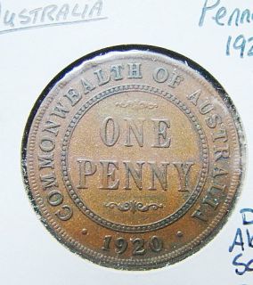 Australia 1920 One Penny Bronze Coin King Georgivs V
