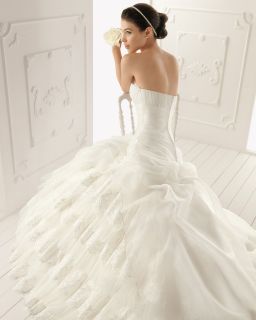 Strapless A Line Wedding Dress Sweep Train Lace Organza Tires Bridal 
